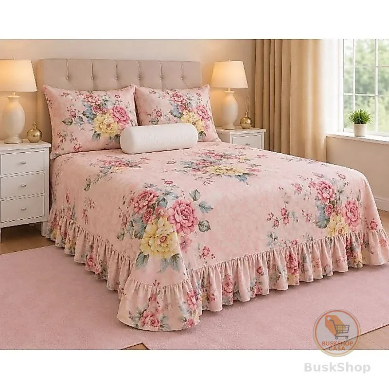 Kit Colcha Cama Cobre Leito Casal Queen C/Babado 3 Peças Estampada 400 fios Luxo