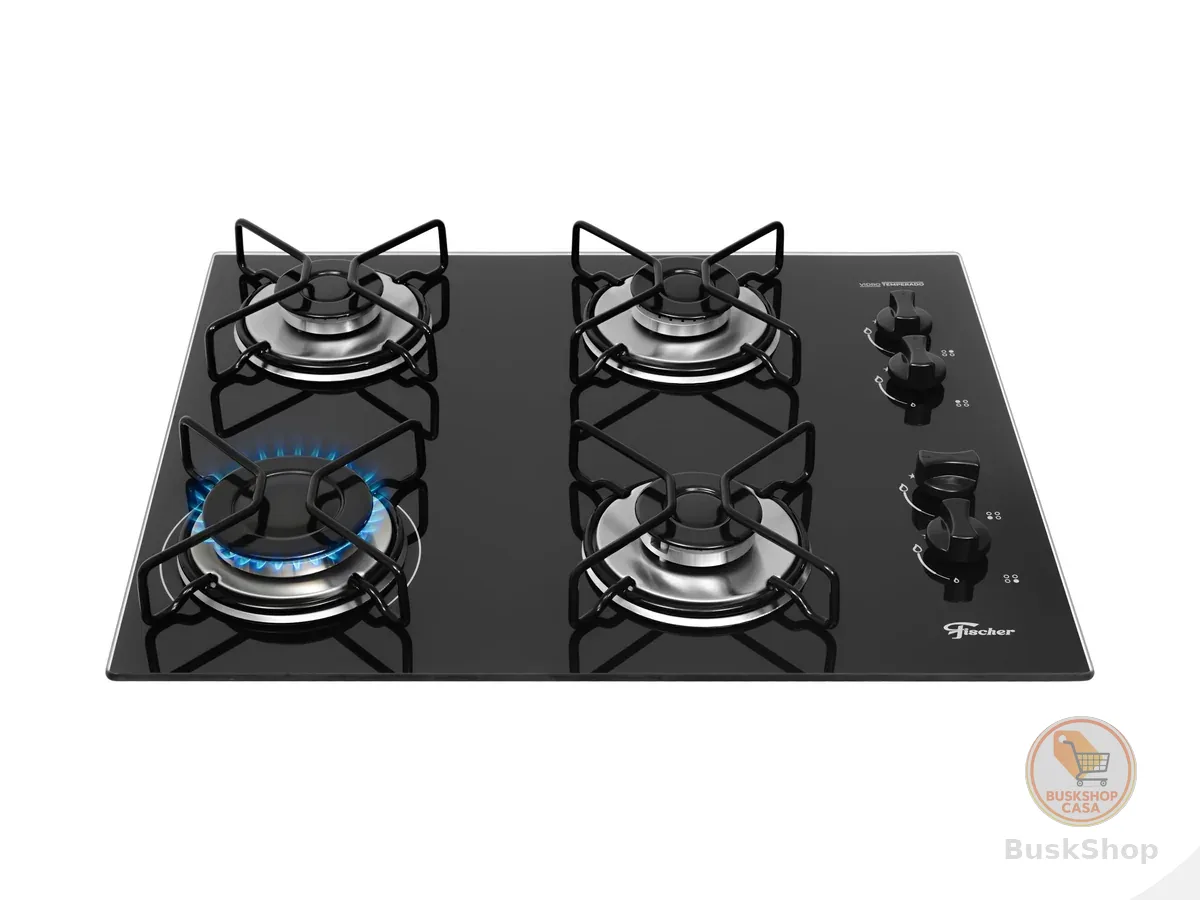 FISCHER COOKTOP À GÁS 4 BOCAS FIT LINE TREMPE ARAMADO MESA VIDRO PRETO BIVOLT 36350-102675