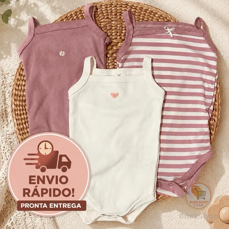 Kit 3 Body Regata Alcinha Bebê Menina 100% Algodão Rosa Enxoval Coração