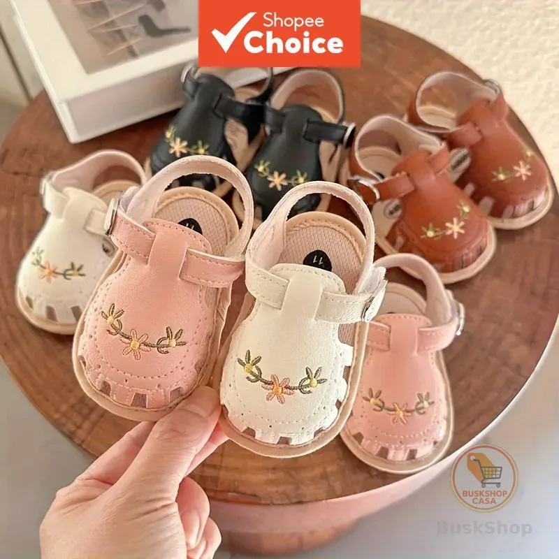 Sandálias De Verão Para Bebês De 0 A 1 Ano , Couro PU Antiderrapante , Flor Bordada , Sapatos Infantis De Praia Crianças