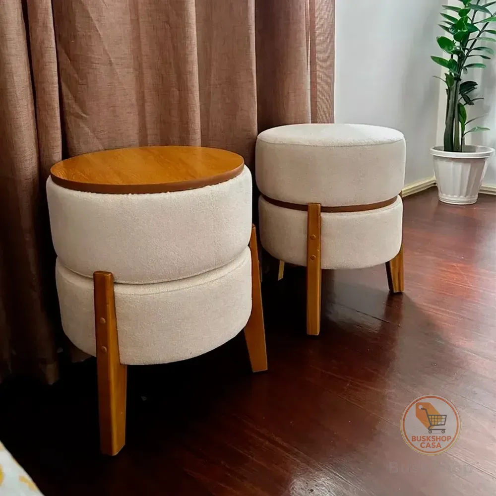 Pufe Mesa Tecido Bouclê 45x38cm Porta Copos Estofado Redondo Bouclê Cru