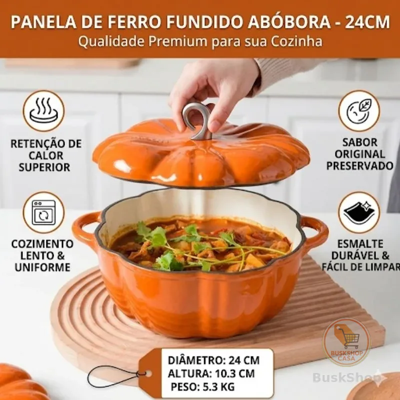 ​Panela de Ferro Fundido Esmaltada Formato Abóbora Laranja 24cm - Alta Retenção de Calor