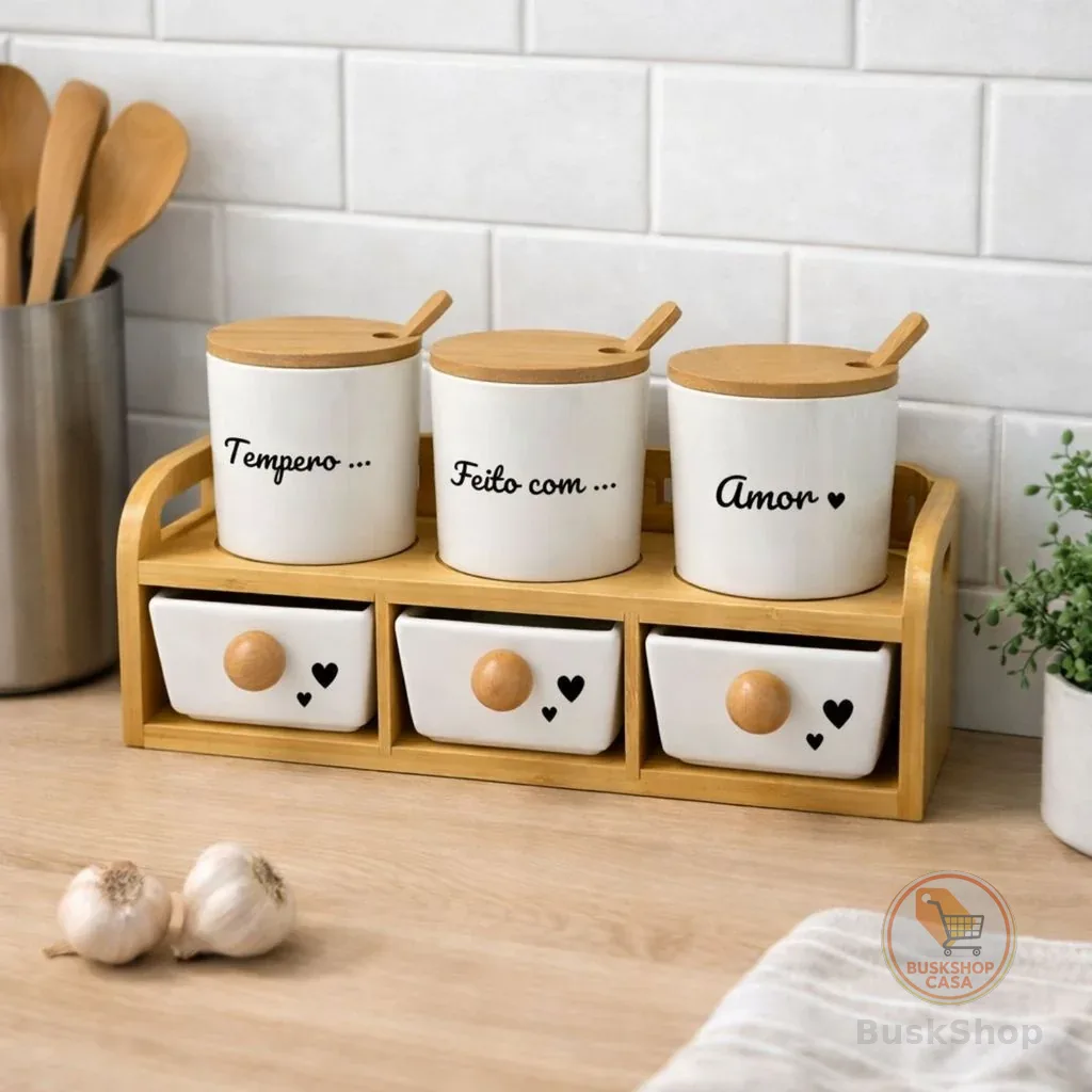 Kit Porta Temperos 3 Potes de Cerâmica com Tampa e Colher de Bambu + 3 Gavetas Organizadoras | Suporte de Bambu Cozinha