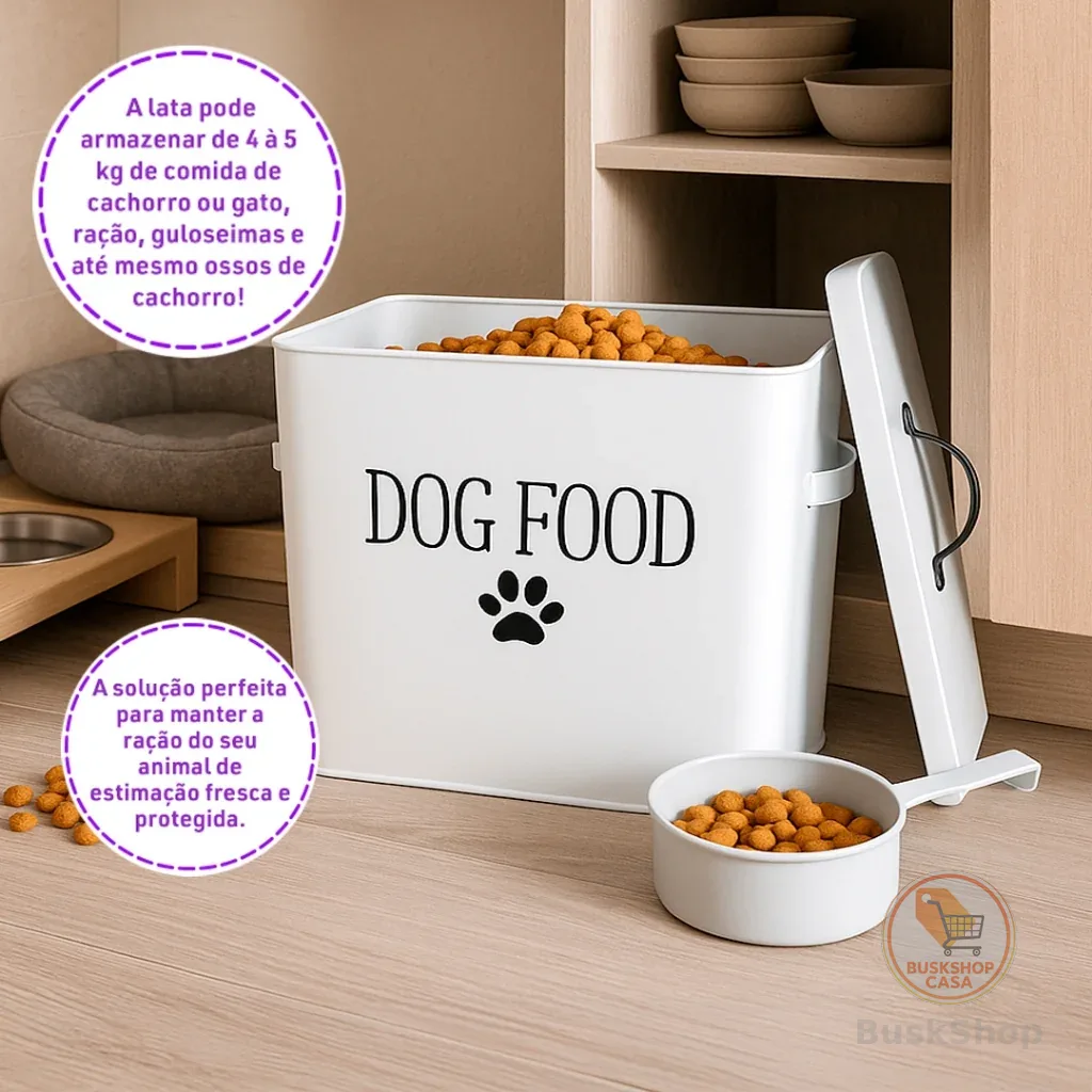 Lata Porta Ração Pet Metal com Tampa Vedada e Colher Medidora - Cães e Gatos