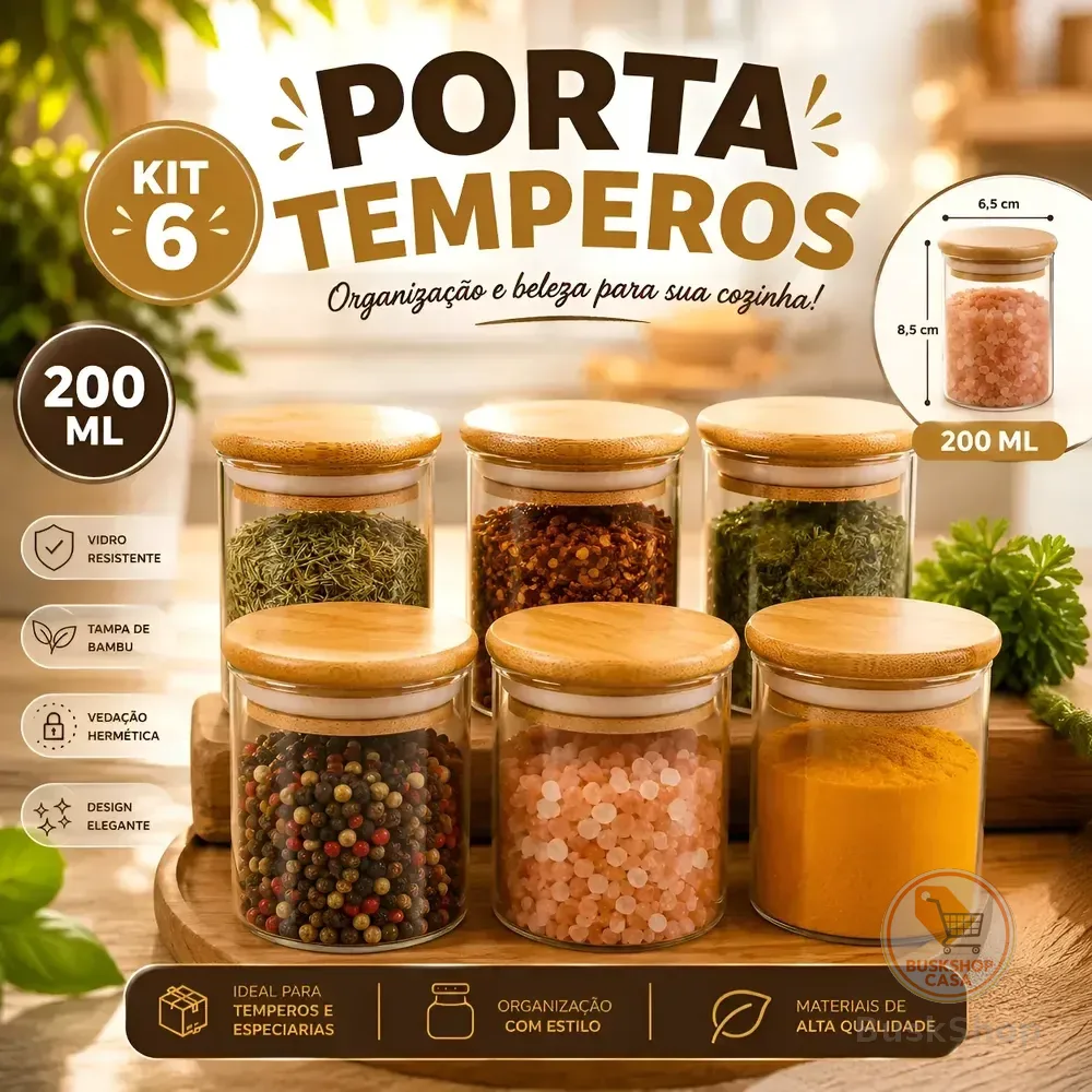 Kit 6 Pote Vidro Porta Temperos Hermético Cozinha Organiza V Vidro/tampa De Bambu