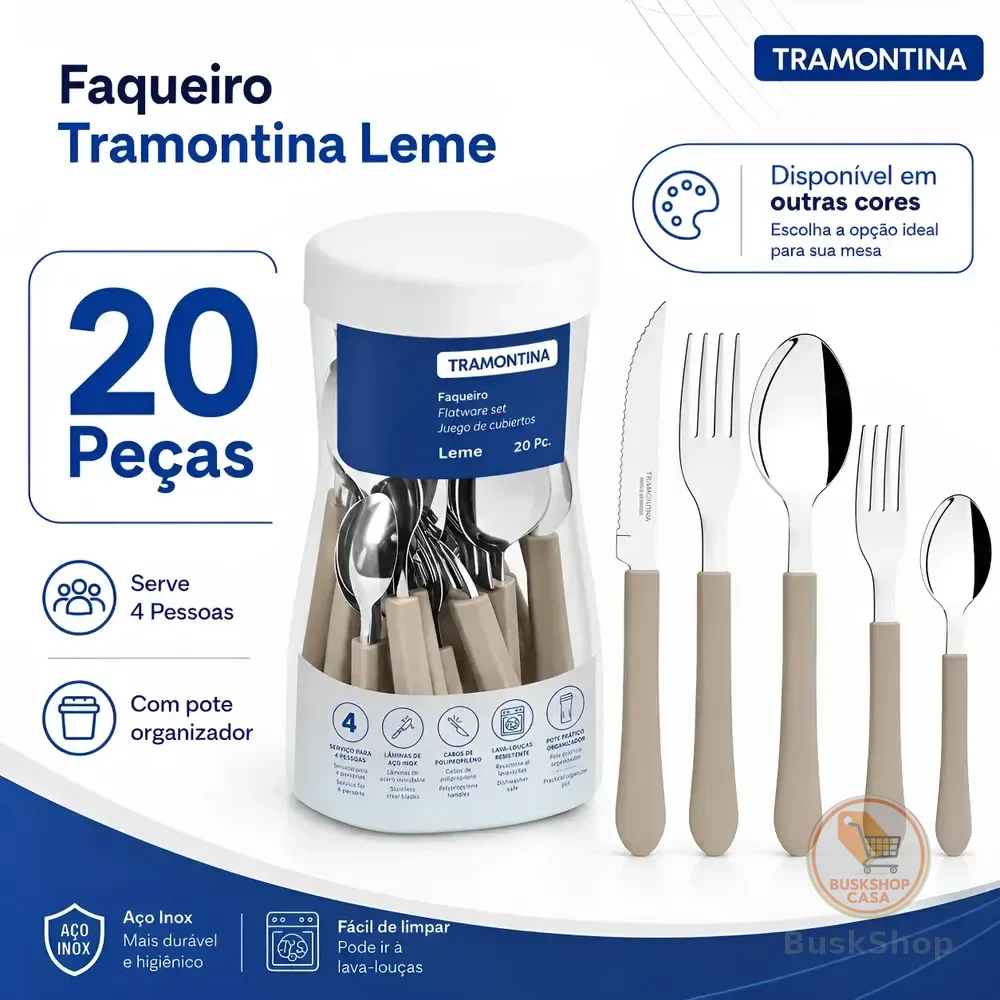 Jogo De Talheres Faqueiro Tramontina Aço Inox Leme 20 Peças Cinza