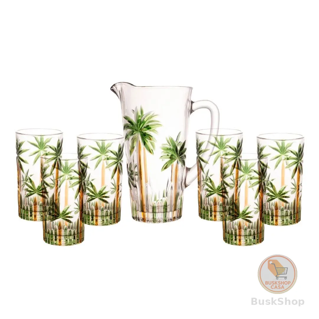 WOLFF - Conjunto Jarra com 6 Copos de Cristal Palm Tree Handpaint