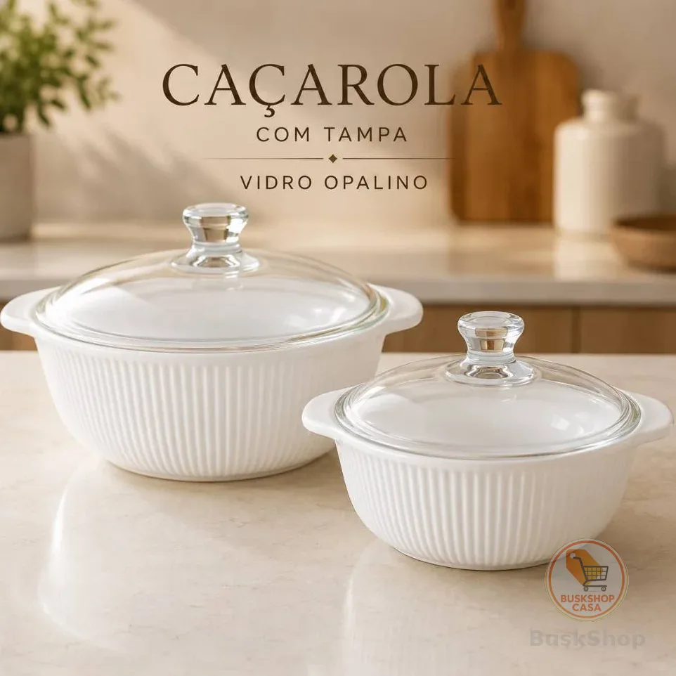 Caçarola/Tigela com Tampa Vidro Opalino Wolff 1L e 1,5L Branca Alto Relevo Canelado Servir Mesa Posta e Armazenar