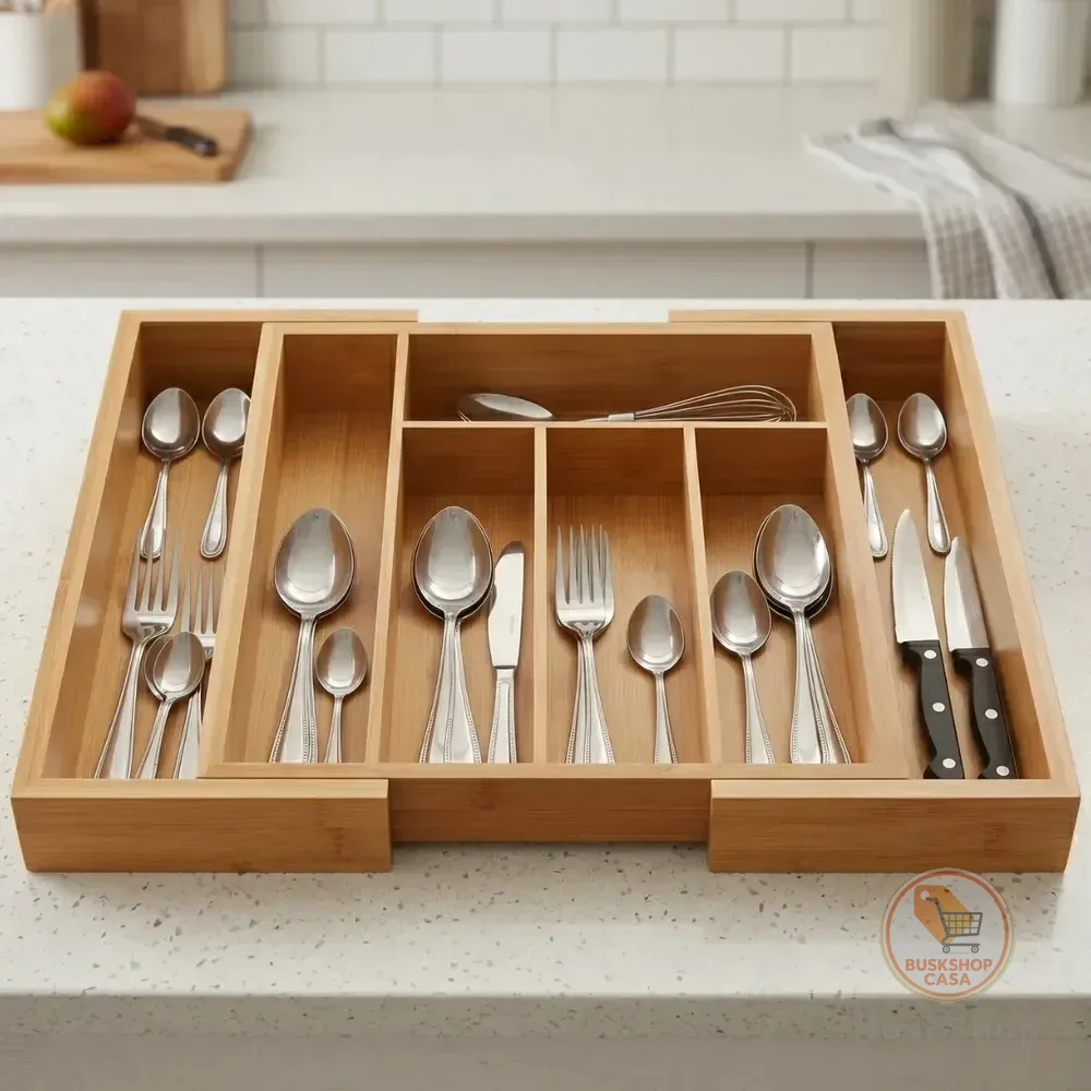 Porta Talheres Bambu Organizador Extensível 7 Divisórias Marrom-claro Kilate Store