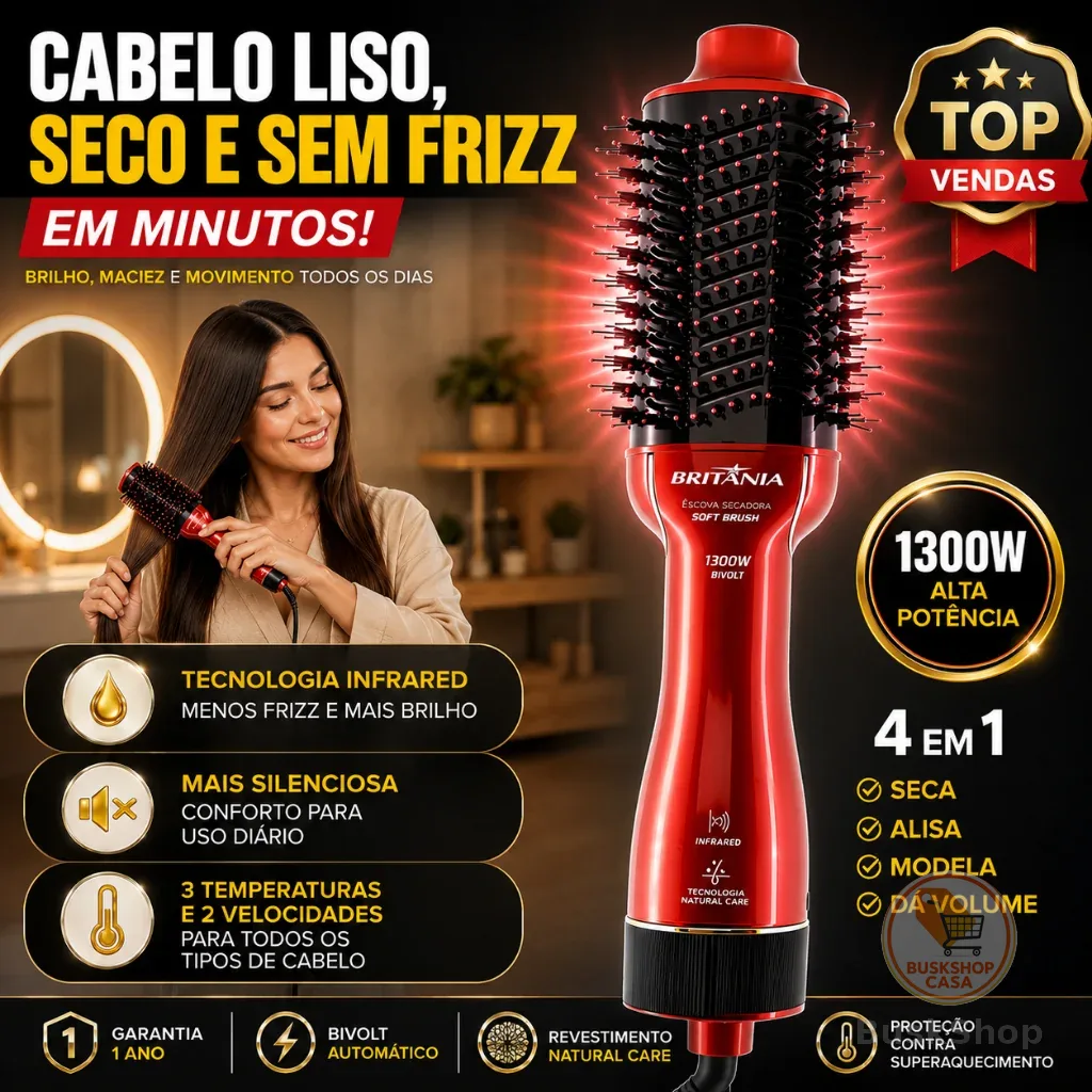 Escova Secadora Soft 4x1 Britânia 1300W BES12V Alisa Seca Modela Luz Infrared Bivolt Vermelha