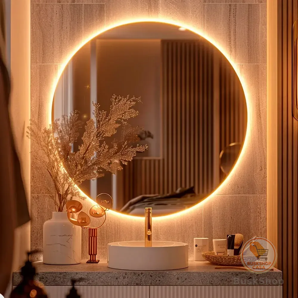 Espelho Redondo Grande de 50cm com Led Frio - Espelho com Luz Ideal para Quarto, Banheiro e Sala, Espelho com Led e Moldura Lapidada para Decoração de Parede