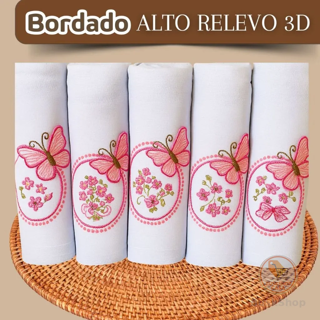 Fralda de Pano Bebê Bordada 5un 70x70cm Algodão Duplo Enxoval Recém-Nascido