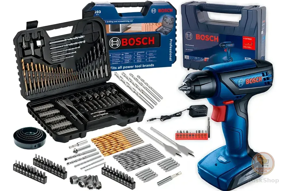 Furadeira Parafusadeira Sem Fio De 6mm Bosch Gsr 1000 Smart C/ Maleta + Jogo Kit Pontas Brocas 103 Peças Bosch