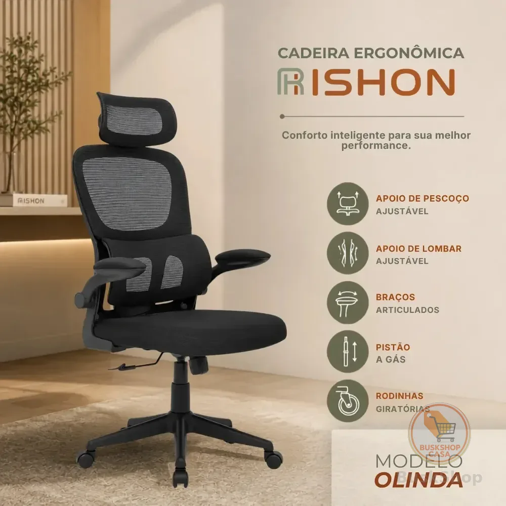 Cadeira Escritório Ergonômica Giratoria Reclinavel Olinda RSH500 Rishon Cor Preto Com Suporte Lombar Estofado Mesh