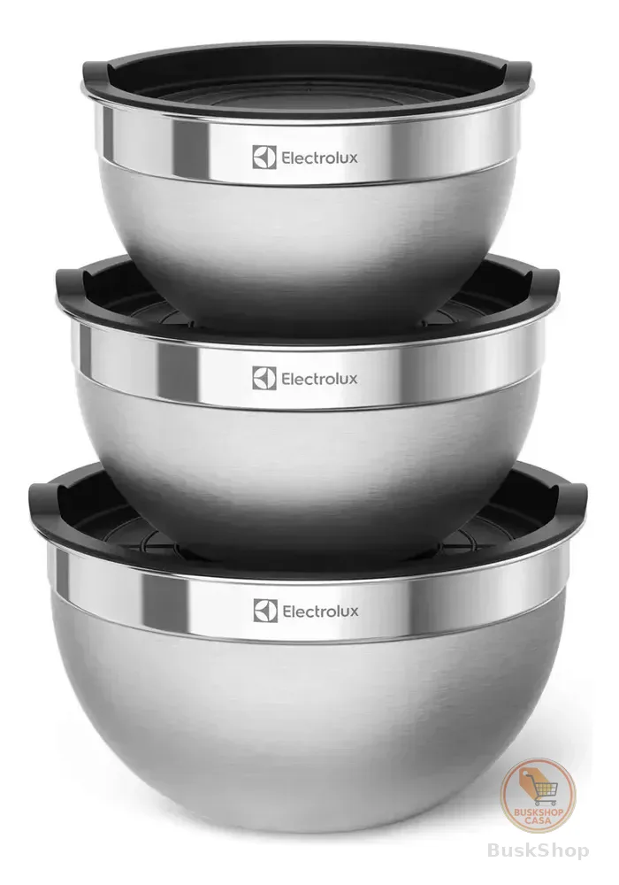 Electrolux Kit Bowls Tigelas em Inox com Tampa Plástica 3 Unidades Utensílios Domésticos de Cozinha