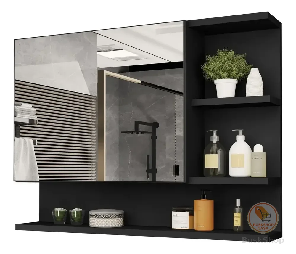 CASA JD MÓVEIS Espelheira Cleopatra armario para banheiro com espelheira de 60cm de largura 45cm de altura e 13cm de profundidade e móveis preto nature