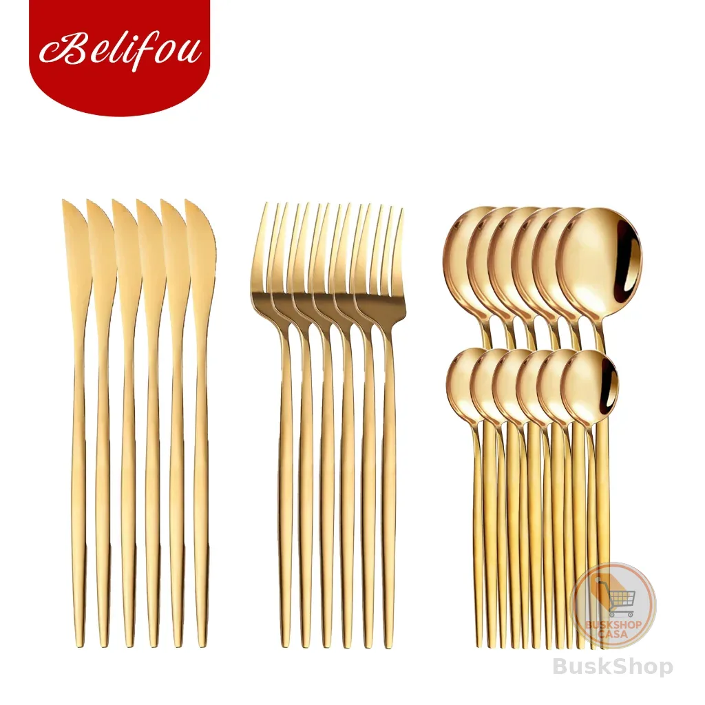 Belifou Kit 24 Jogo De Talheres Inoxidável Suprimentos Cozinha Talheres Dourados Talheres