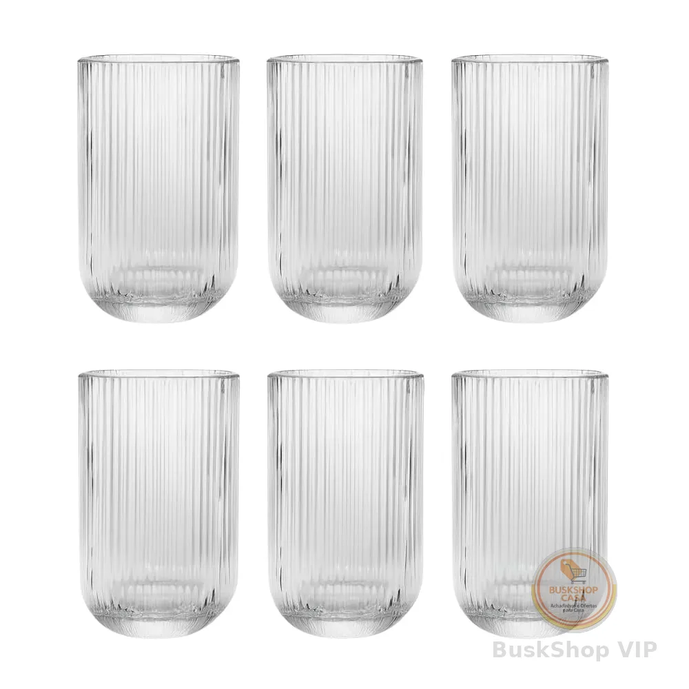Jogo com 6 Copos de Vidro Canelado 423ml Design Elegante e Resistente Ideal para Suco Água Refrigerante Drinks e Café Transparente para Cozinha Bar e Restaurante