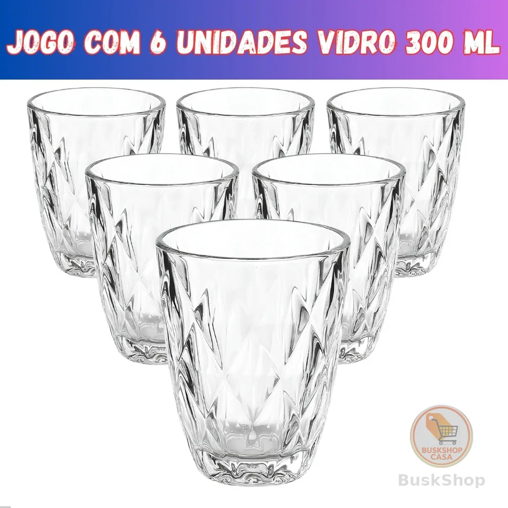 Jogo 6 Copos Baixos Diamond 300ml Vidro Grosso Diamante Luxo