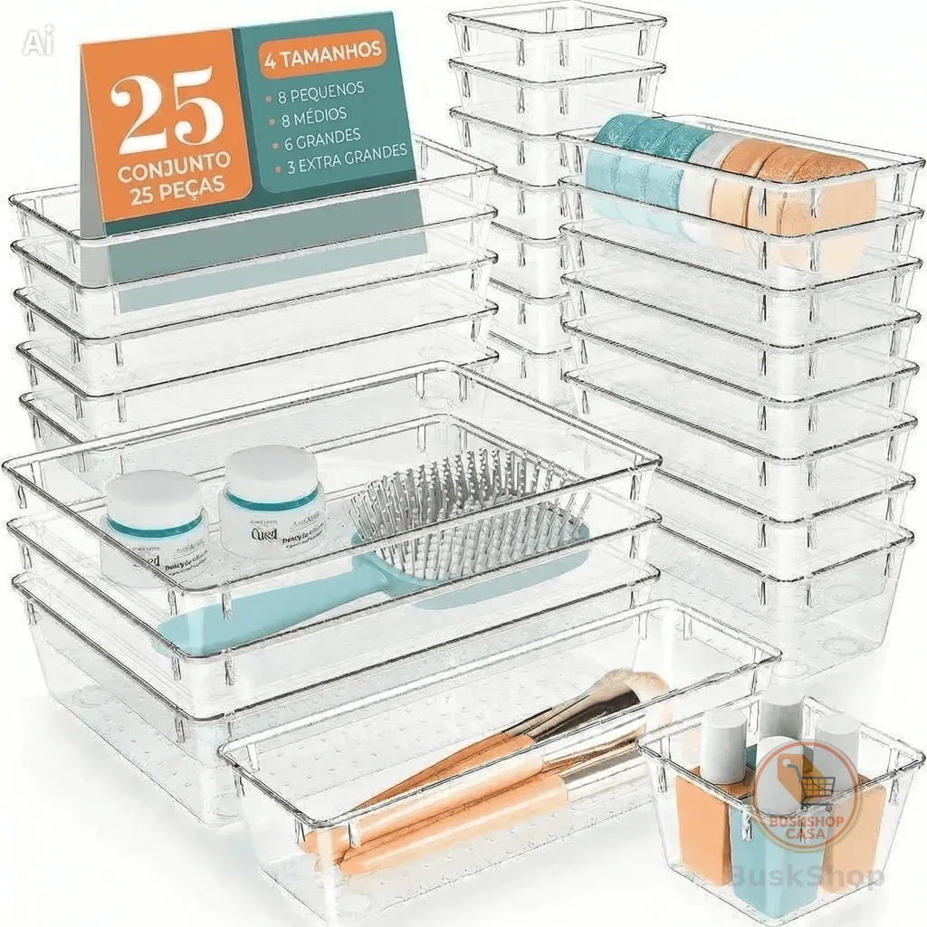 Organizador Conjunto Kit com 25 Caixas Acrilico Geladeira Gaveta Multiuso Cesto Porta Alimentos Frutas Verdura