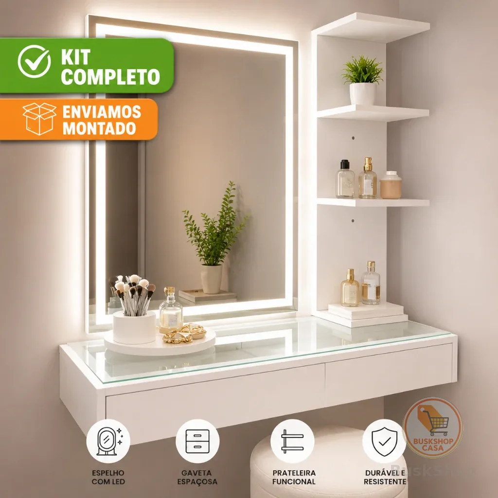 Kit Penteadeira de Vidro com Espelho LED e Prateleira Organizadora Premium Camarim Maquiagem Gaveta Suspensa