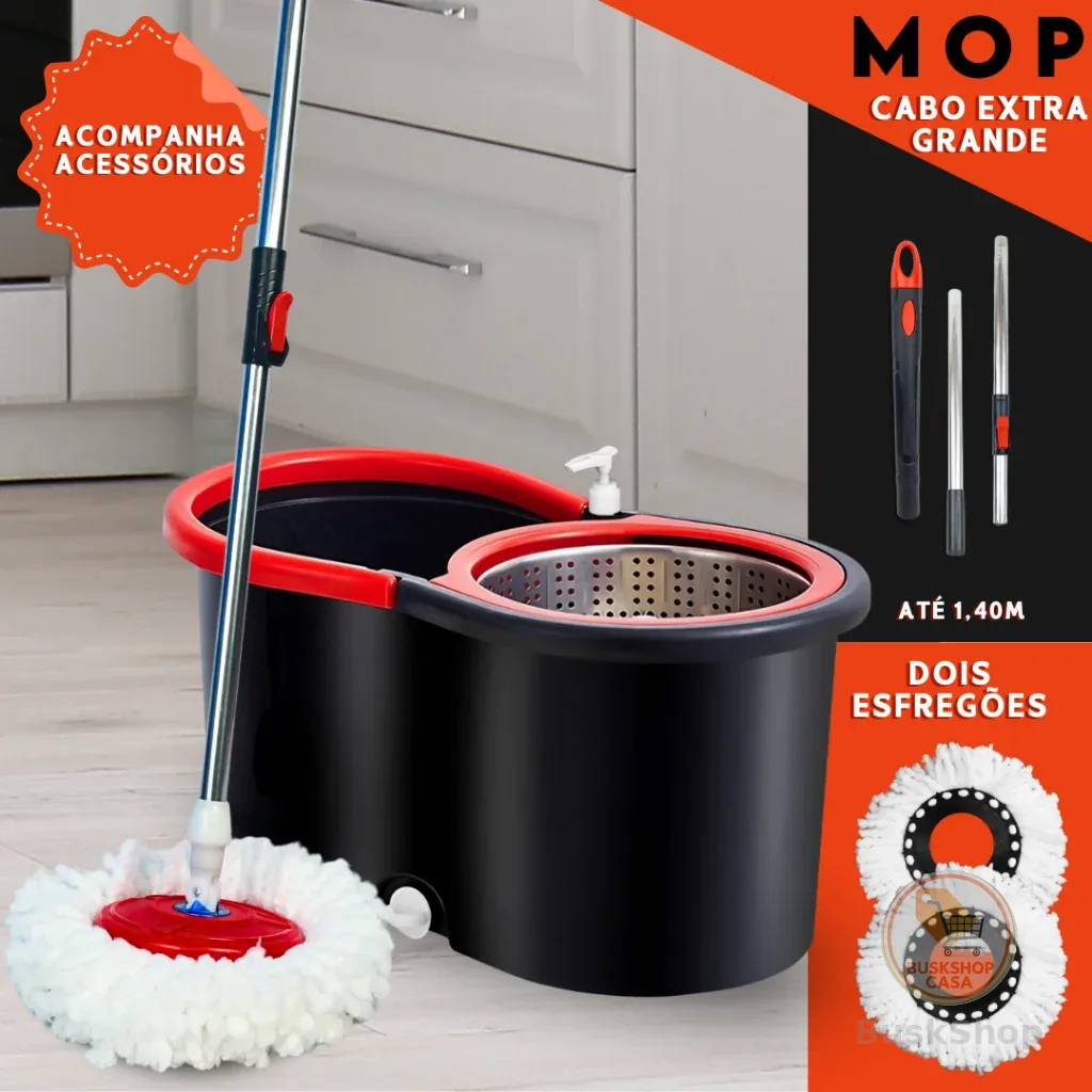 Mop Giratório 360 Cabo 140cm Balde Centrífuga Cesto Inox 14L 2 Refis Microfibra Esfregão Spin