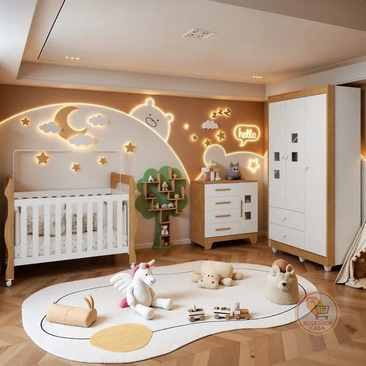 Quarto de Bebê Completo com Cômoda, Berço e Guarda Roupas Mila Branco/Amadeirado Branco/Amadeirado