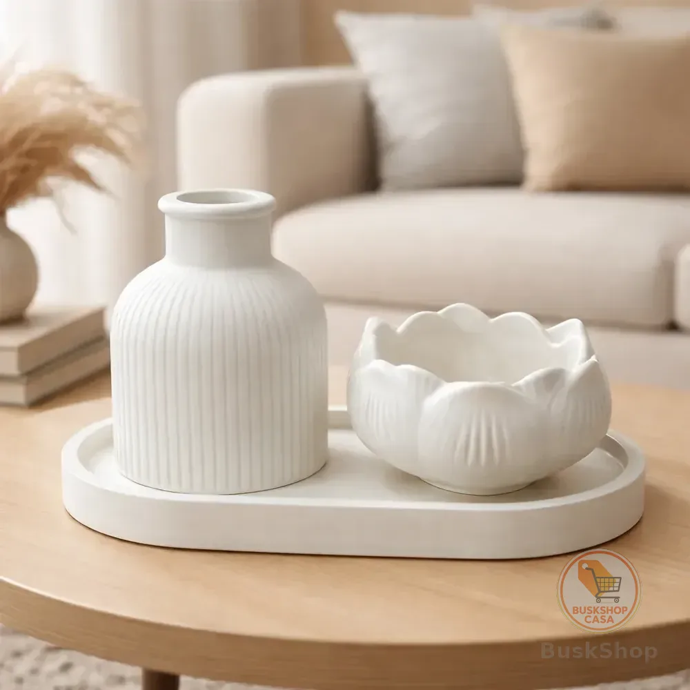 Kit Decorativo Sala Bandeja Com Vasos Design Moderno Branco