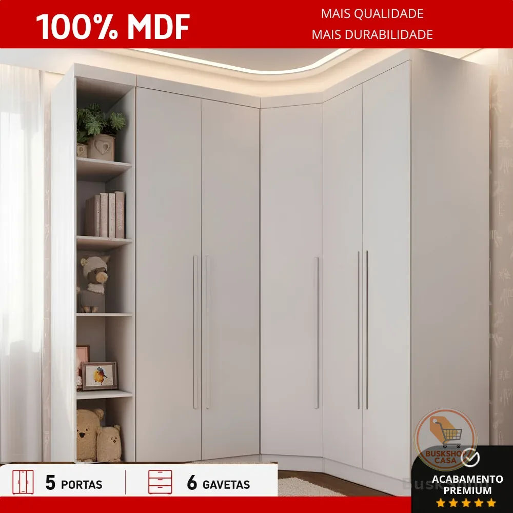 Guarda Roupa Modulado Casal Safira 009 em MDF Com 5 Portas e 6 Gavetas Una Mobília