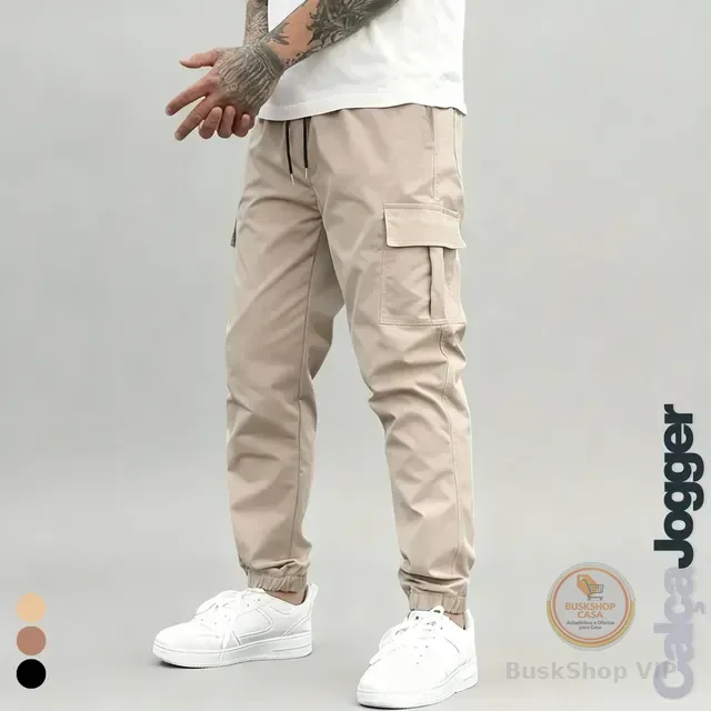 Calça Jogger Cargo Masculina Sarja Calca Streetwear Punho