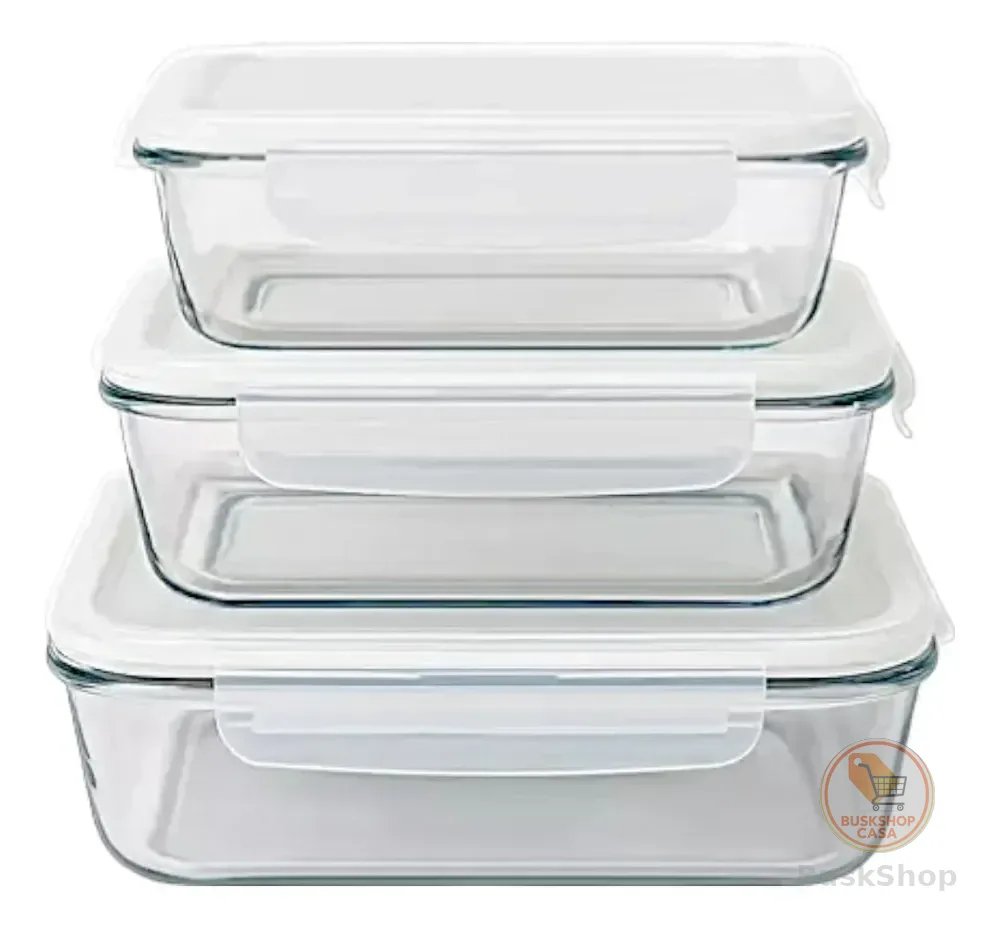 Kit 3 Potes Vidro Refratário Retangular Com Tampa Hermética