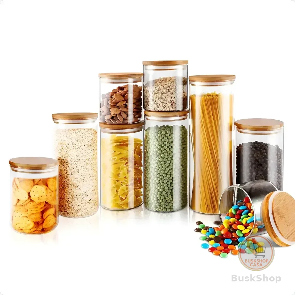 Kit 9 Potes Mantimentos Vidro Herméticos Com Tampa Bambu Alta Resistência Epsilon EPS-709