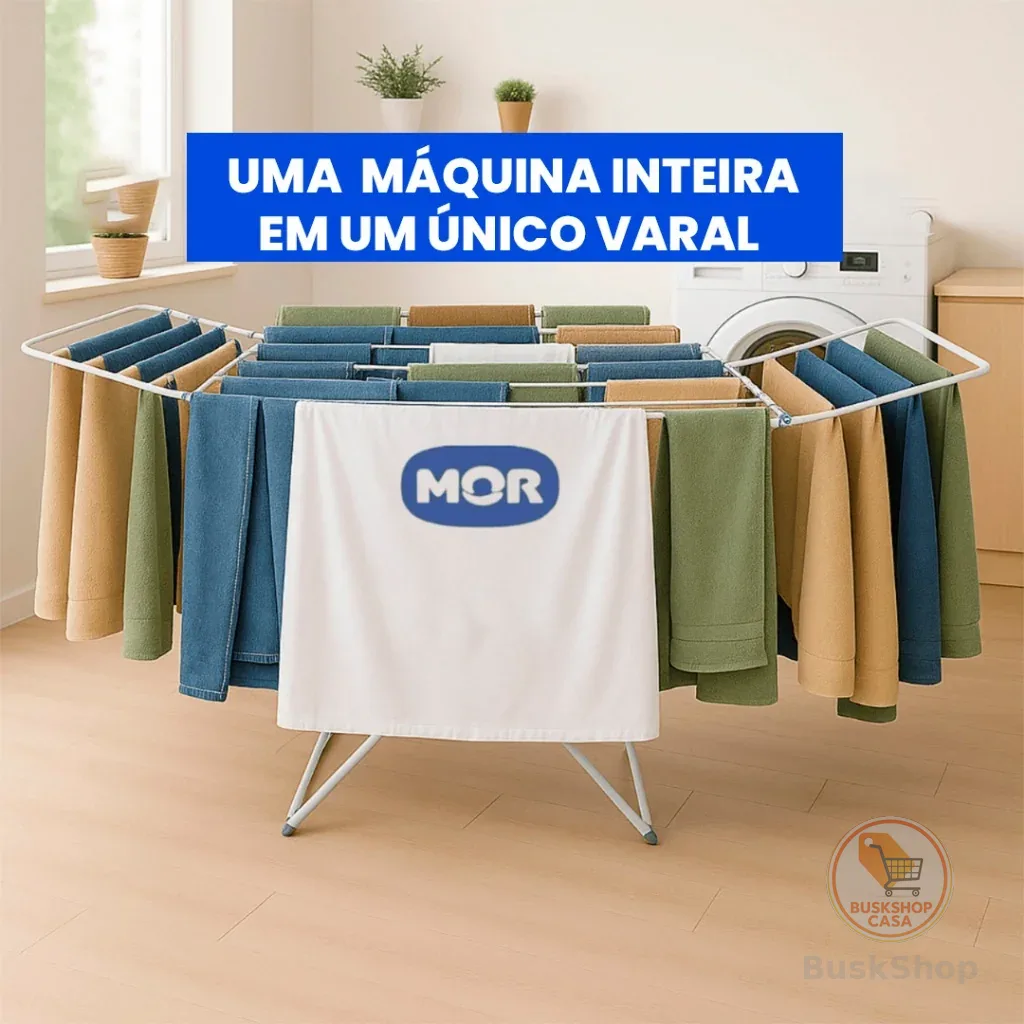 Varal de Chão Grande Maxi MOR com Abas Capacidade 25kg de Roupas Úmidas Não Enferruja Dobrável Aço