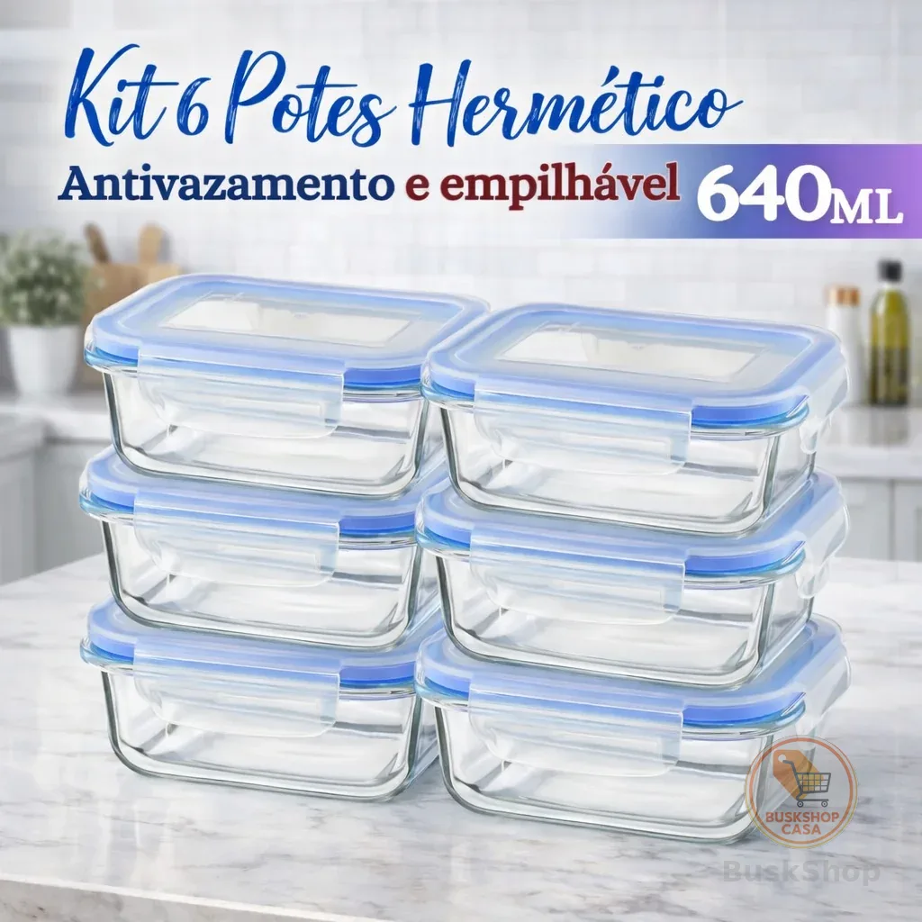 Kit 6 Potes Herméticos Vidro 640ml Retangular Tampa 4 Travas Marmita Freezer Cozinha