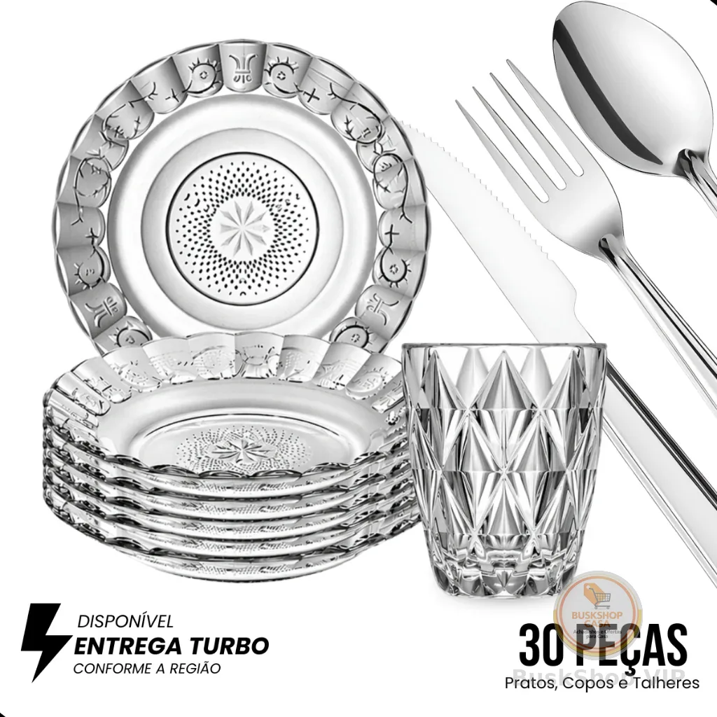Kit Jantar 30 Peças Pratos Estrela Copos Diamond 300ml Talheres Inox Completo Elegante Luxo