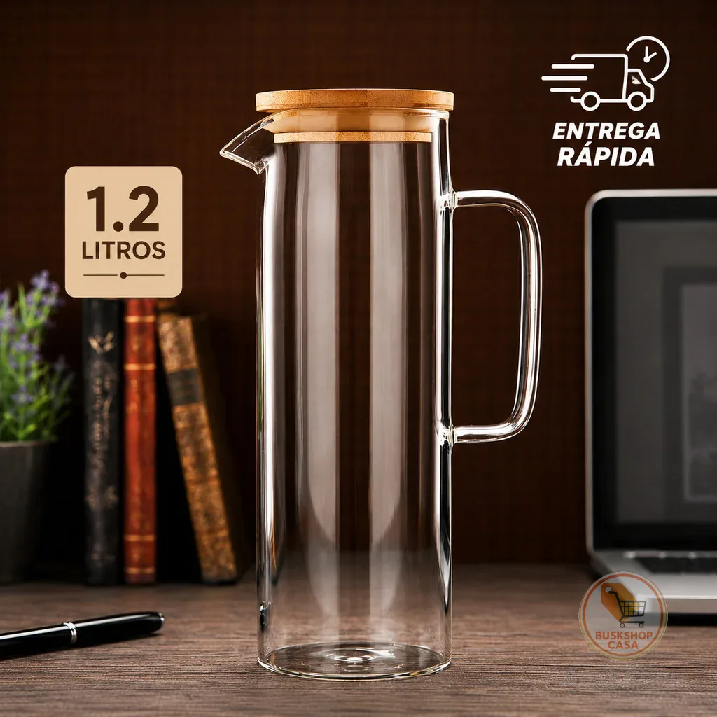 🔥 Jarra de Vidro Premium 1.2L com Tampa de Bambu 🫙 | Design Elegante + Entrega Rápida 🚚💨