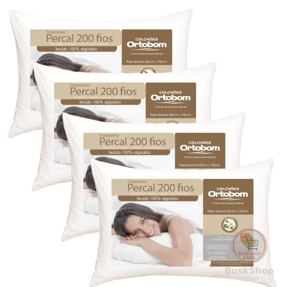 Kit Travesseiros Ortobom 200 Fios 50x70cm 100% Algodão Antialérgico Super Macio Perfil Alto