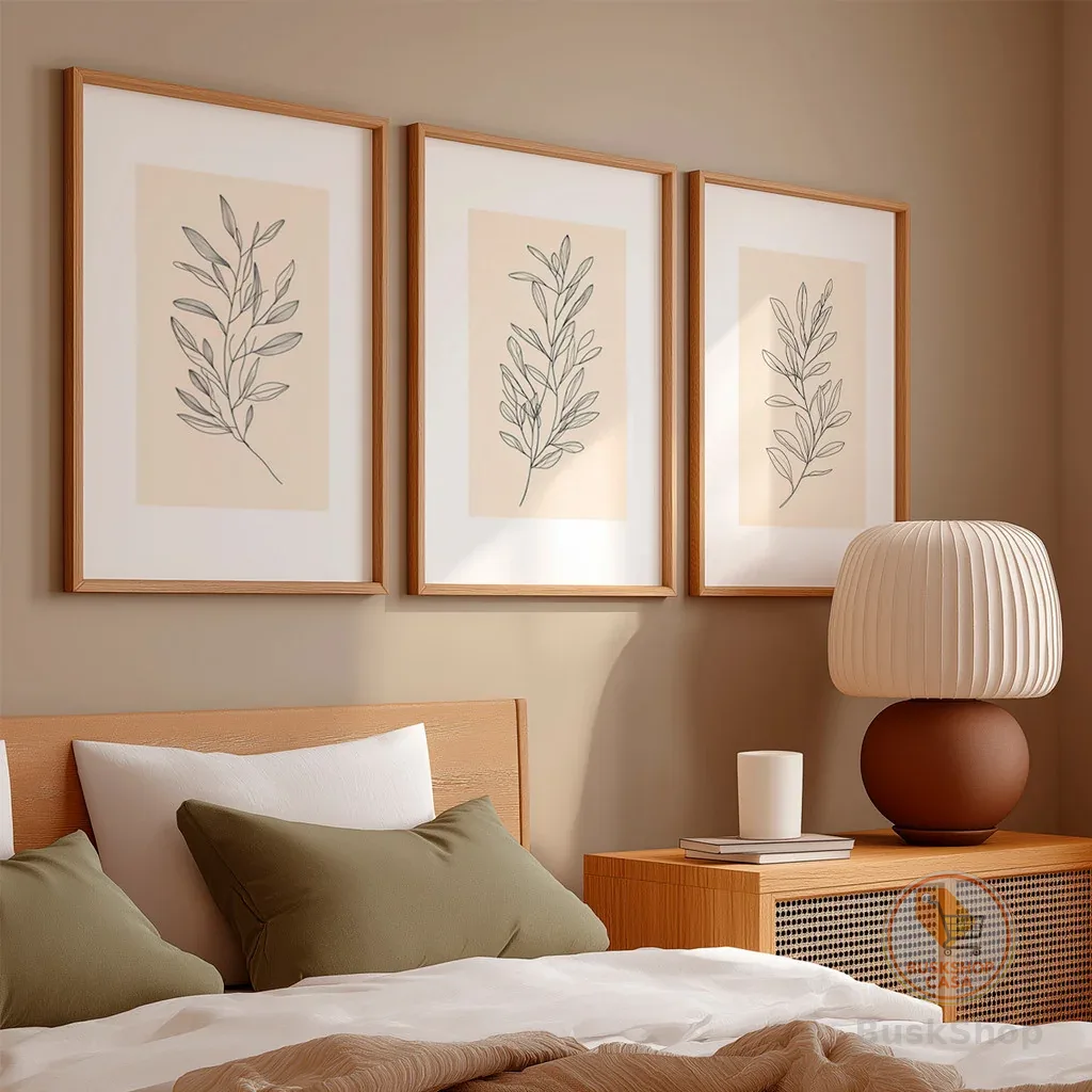 Kit 3 Quadros Decorativo Galhos Desenhados Fundo Claro Neutro Delicado Simples Com Moldura