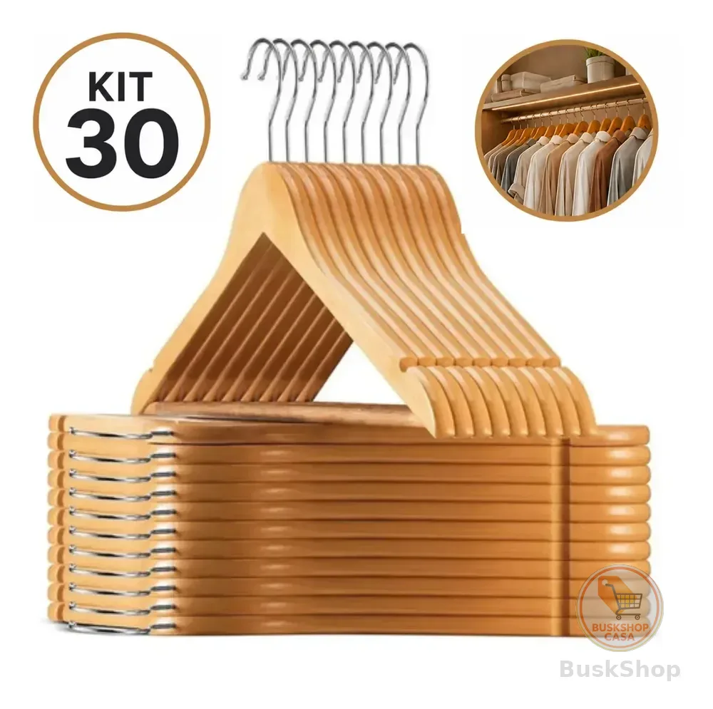 Kit 30 Cabides De Madeira Com Barra Antideslizante Marfim Marrom-claro
