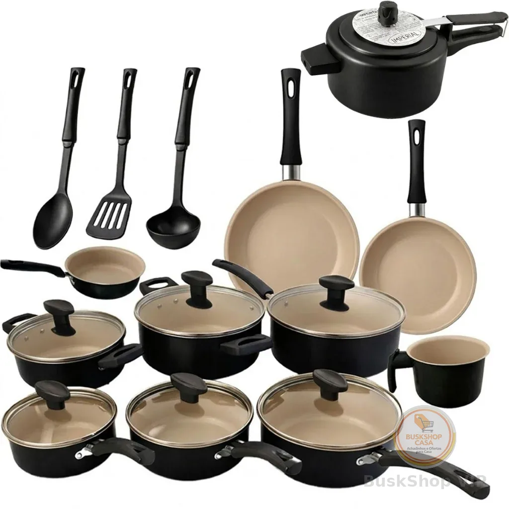 Jogo Panelas 13 Peças + Panela de Pressão 2 Litros Antiaderente Kit Caçarola Frigideira Fervedor Tampa de Vidro