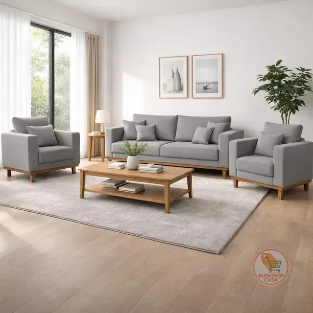Kit 2 Poltronas Living + Sofá 3 Lugares Base Madeira Linho