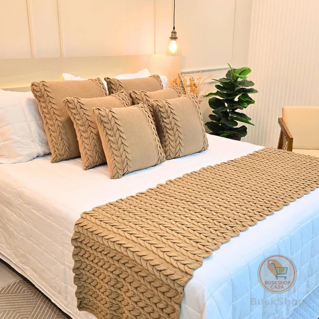Kit Peseira Manta Tricot Sofá Cama Casal Queen King Aconchego Home Decor + 2 Capas Almofadas