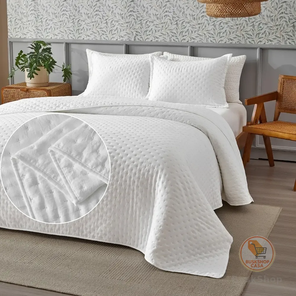 Kit Colcha Cobre Leito 3 Peças 300 Fios Ponto Cruz Macio e Elegante