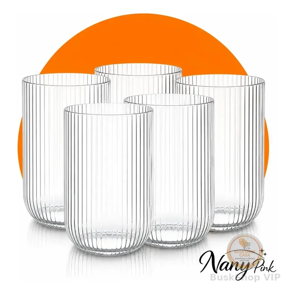Jogo 6 Copos Vidro Canelado 420ml Premium Luxo Elegante Água Suco Drink Café Whisky Mesa Posta Copo Grosso Resistente Design Moderno Texturizado Cozinha Bar Decoração Gourmet - Nany Pink