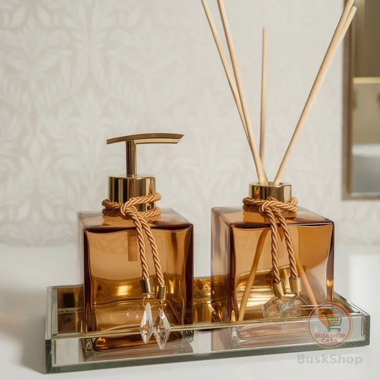 Kit Lavabo Âmbar Dourado Glamour Difusor Varetas Saboneteira Cristal Banheiro Alto Padrão Barato