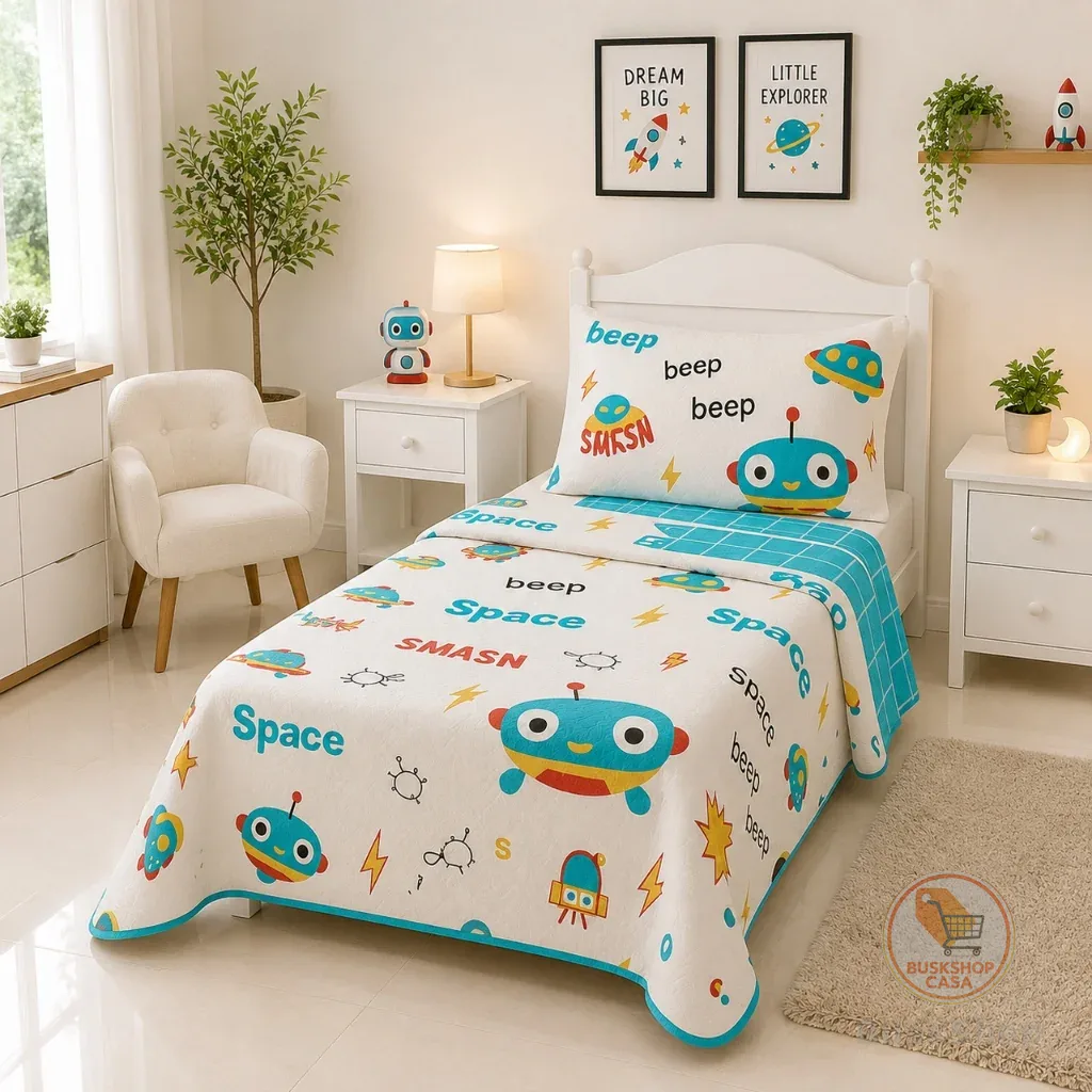 Cobre Leito Solteiro Infantil Dupla Face Estampado 2 Peças com Porta-Travesseiro