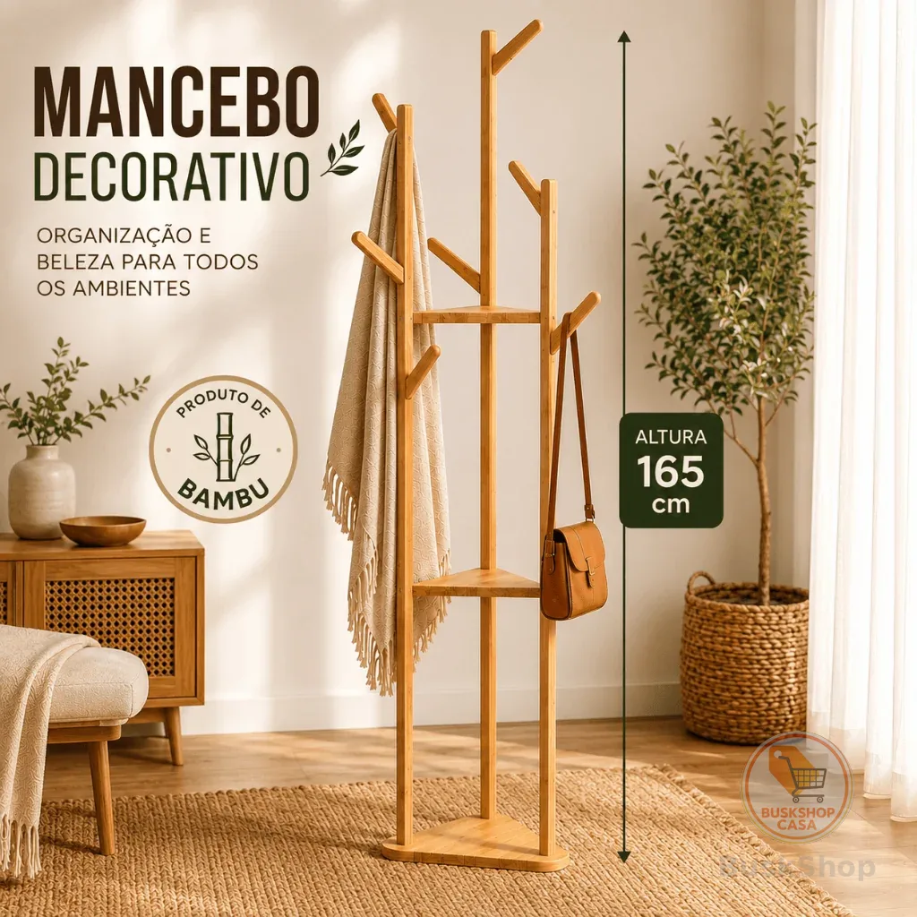 Mancebo Cabideiro Bambu Chão Arara Roupas Prateleira 164,5cm