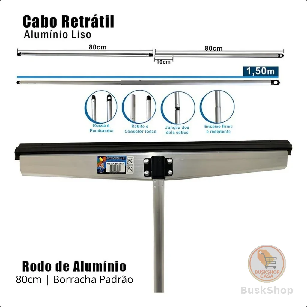 Rodo Alumínio 80cm Cabo Retrátil extensor 1,50 Limpeza pesada