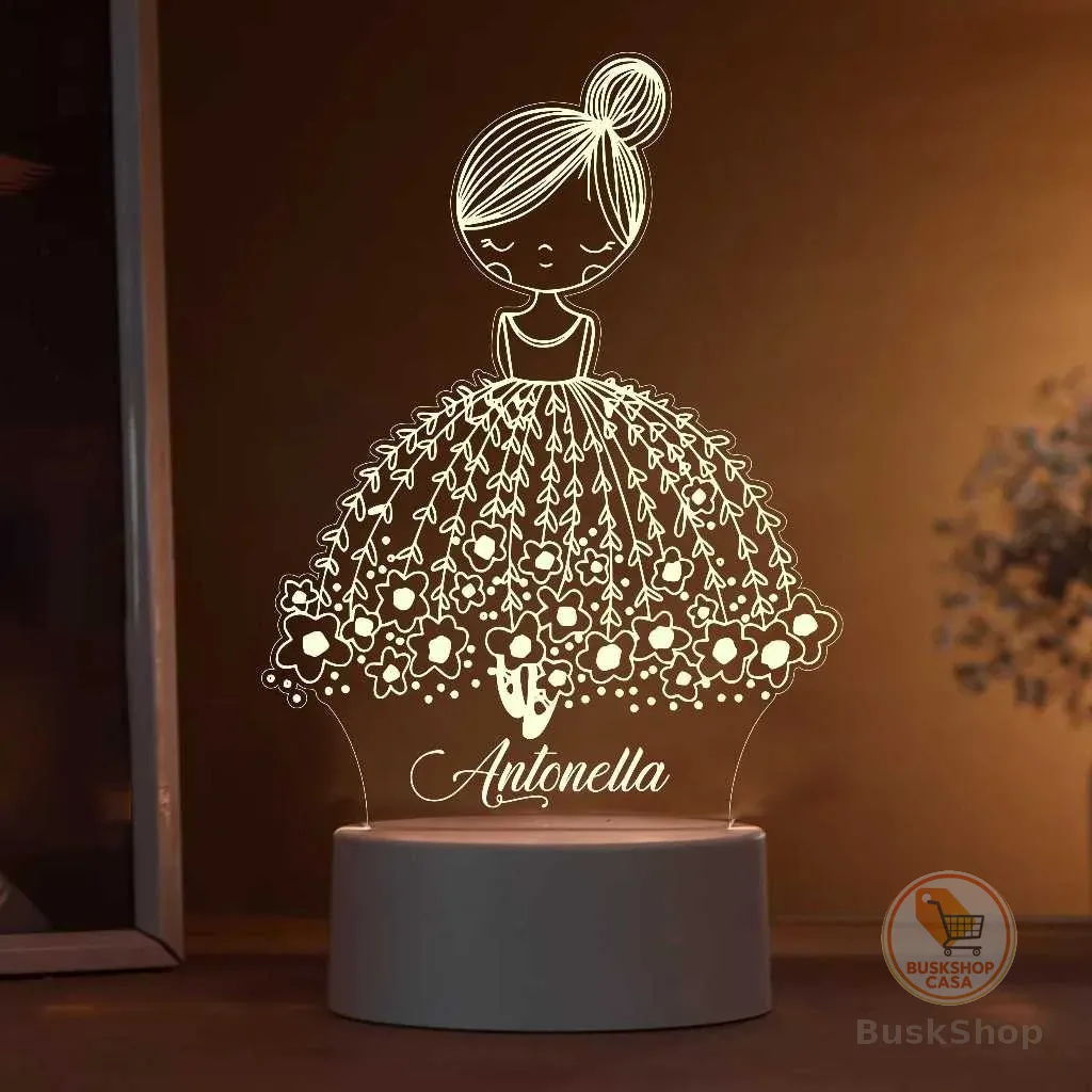 Luminária Bailarina LED RGB Personalizada com Nome em Acrílico 7 Cores, Decoração Infantil/Bebê