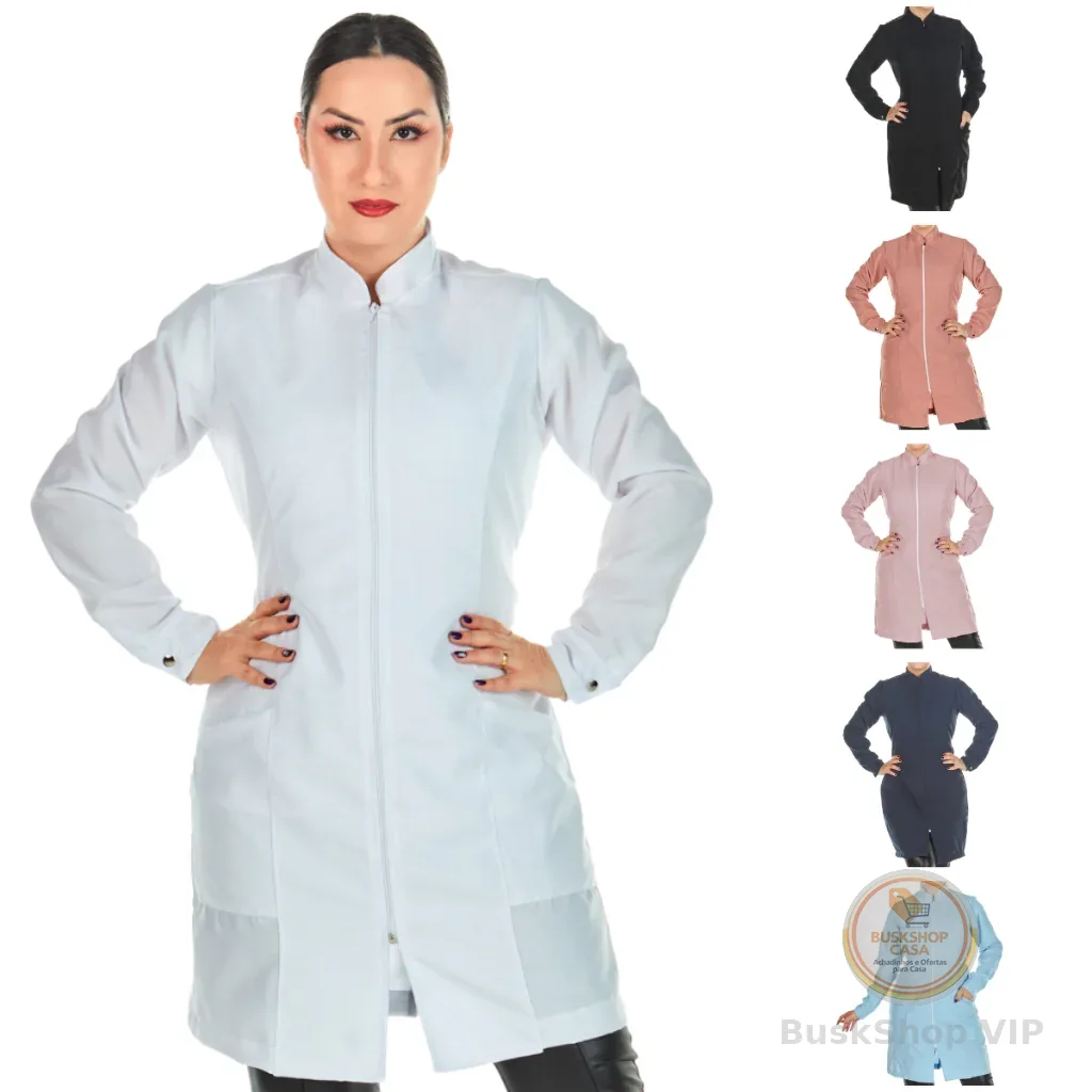 Jaleco Feminino Acinturado Oxford Manga Longa Com Zíper Gola Padre Várias Cores Estética Enfermagem